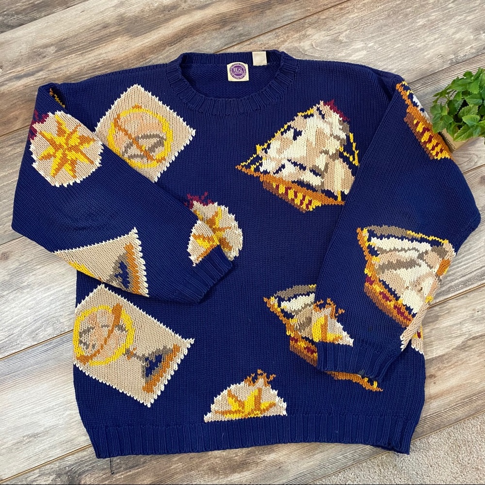 Chunky Vintage Saks 100% Cotton Nautical Sweater Large
